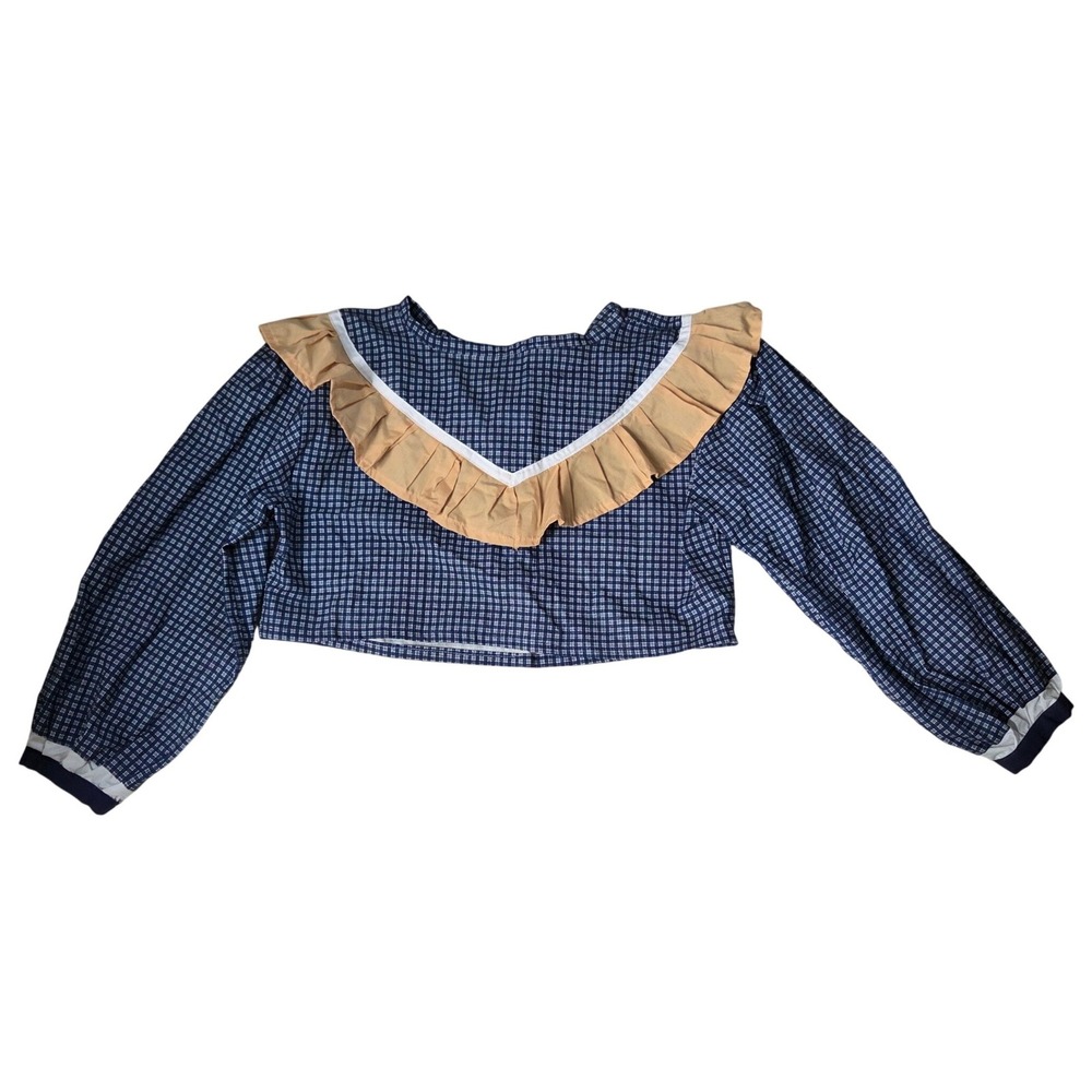 Blue Plaid Gingham‎ Frill Ruffle Crop Top Large Retro Coastal Western Prairie